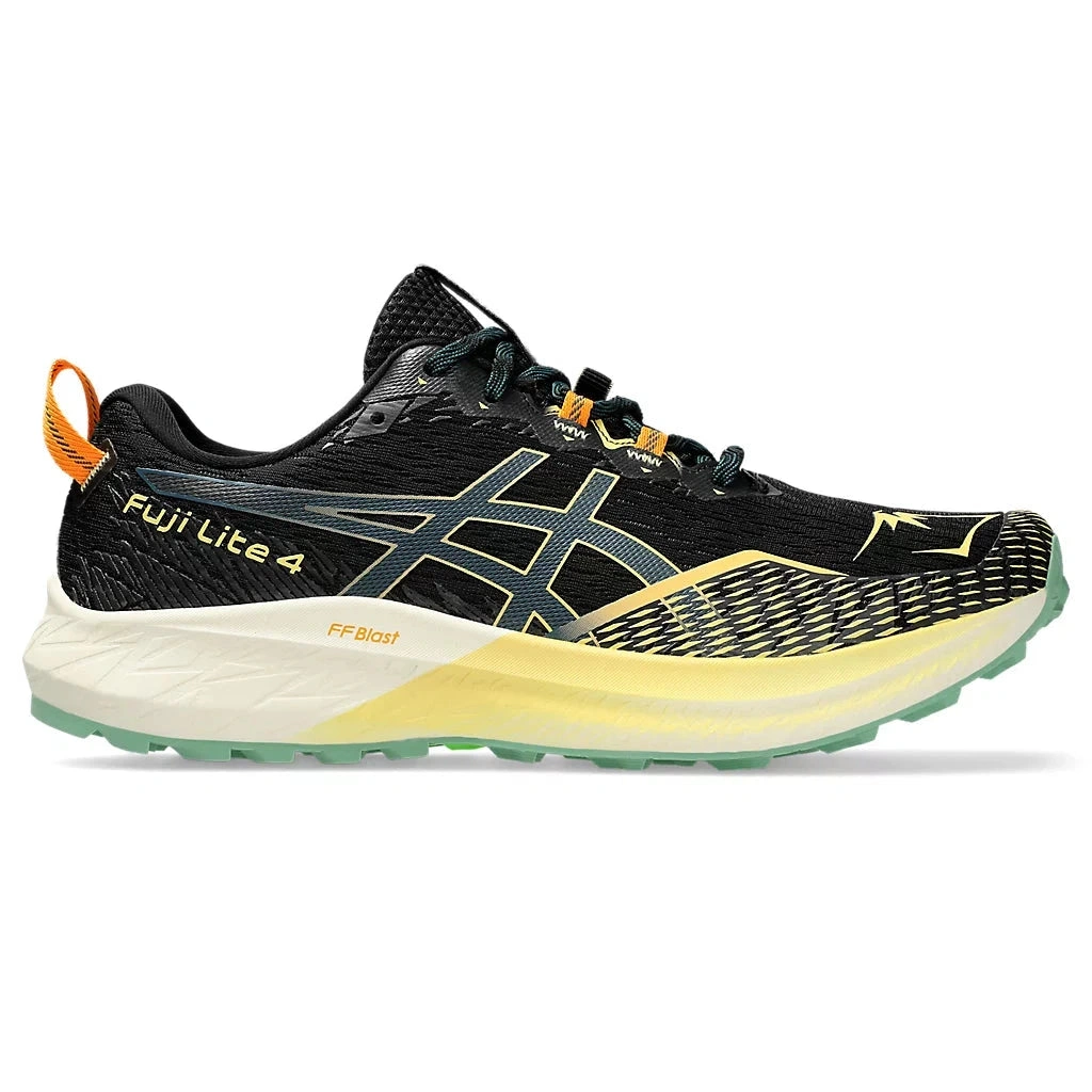 Asics Fuji Lite 4: Black & Magnetic Blue – Lightweight Running Performance.